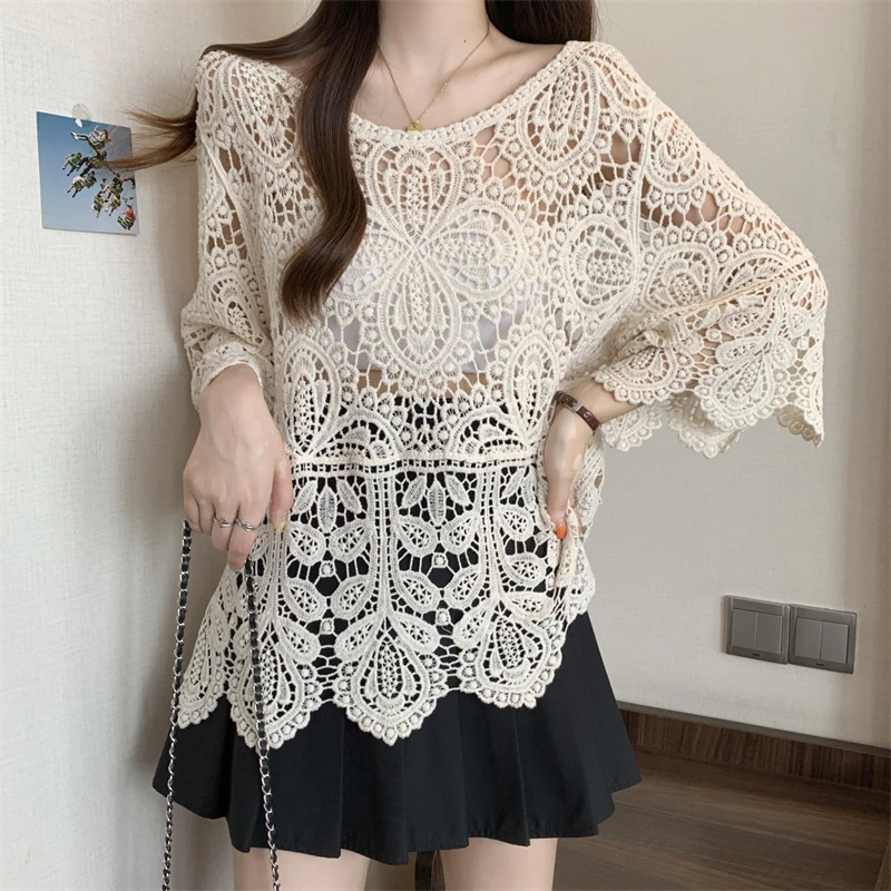 

Fashion Lace See-through o-neck Short Sleeve Blouse Women 2025 Casual Spring Summer Stretch Shirts Ladies Tops Mujer Elegant