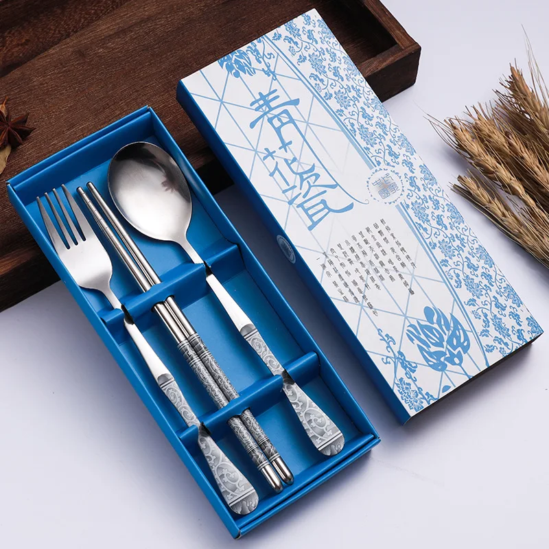 Chinese Style Creative Stainless Steel Tableware Gift Fork Spoon Chopsticks Flower Pattern Travel Portable Dinnerware 3PCs/Set