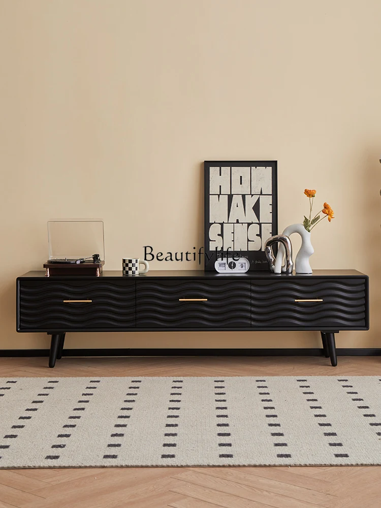 Solid Wood Living Room TV Cabinet and Tea Table Combination Small Apartment Home Black Retro Floor Cabinet