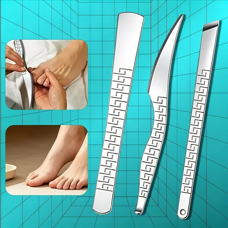 3pcs Patterned Stainless Steel Pedicure Knife Set, Flat Blade + Slant Blade + Scraper, Home Pedicure Tools Foot Care Kit