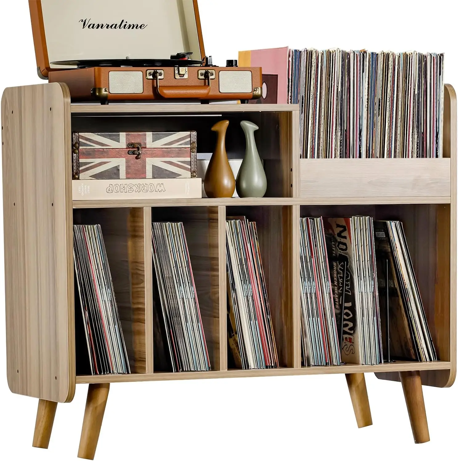 

Mid-Century Record Player Stand with Vinyl Storage, Holds 350 Albums, Walnut