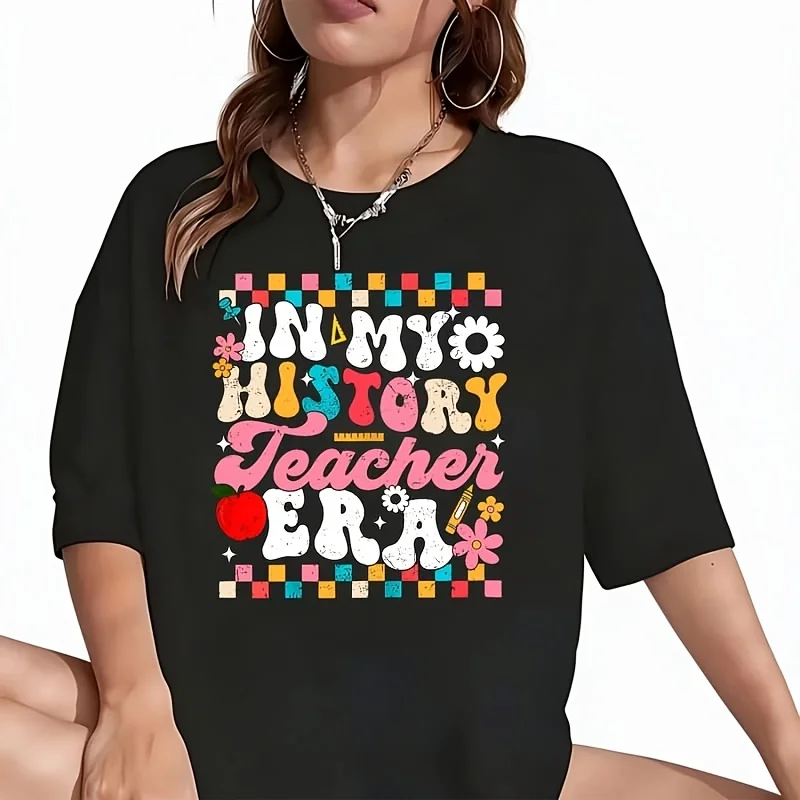 in My History Teacher Era Back to School Women's T-Shirt Funny Graphic Short Sleeve Tee Novelty Shirt Casual Crew Neck Top 100% Cotton S-5XL