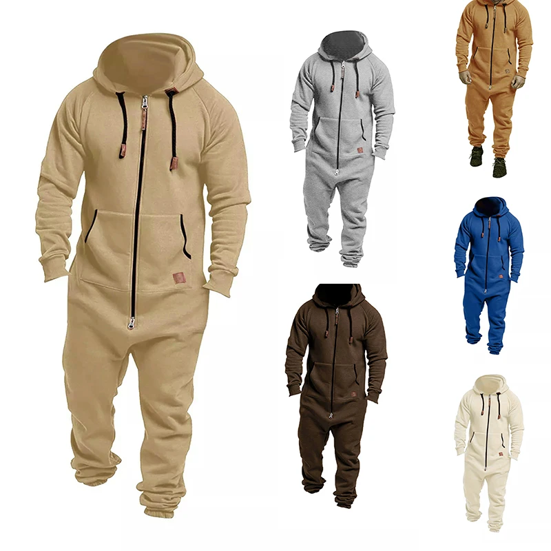 Men's Winter Drawstring Hooded Jumpsuits with Pockets Warm Long Sleeve Full Zipper Up Overalls Sweatsuits