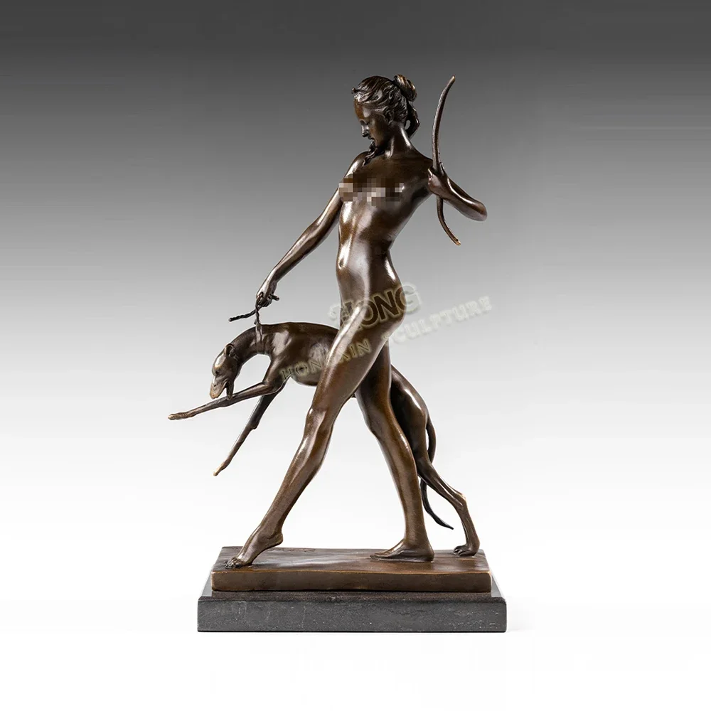 Artemis Diana Bronze Statue The Huntress Goddess Diana With Dog Sculpture on Marble Base Mythological Art Crafts For Home Decor