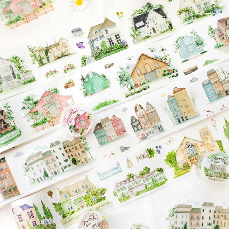 Mr Paper 4rolls/bag Slow Crossing Spring Light Series and Paper Die-cut House Landscaping Tape Handbook DIY Photo Frame Card