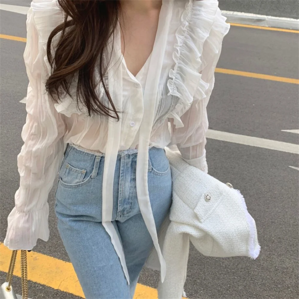 Alien Kitty Chic Vintage Ruffles Women Flare Sleeve Shirts Elegant High Street Solid 2024 Fashion Spring Casual Work Wear