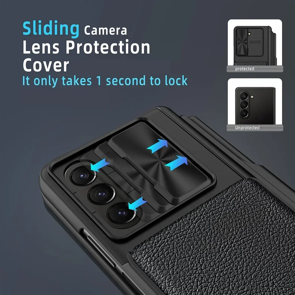 Hinge Protective S Pen Holder for Samsung Galaxy Z Fold 6 5 4 Case with Glass Film Hard Matte PC + PU Leather Wallet Card Cover