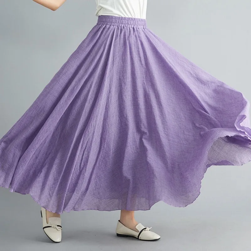 Women Linen Cotton Long Skirts Elastic Waist Pleated Maxi Skirts Beach Boho Vintage Summer Skirts Faldas Saia