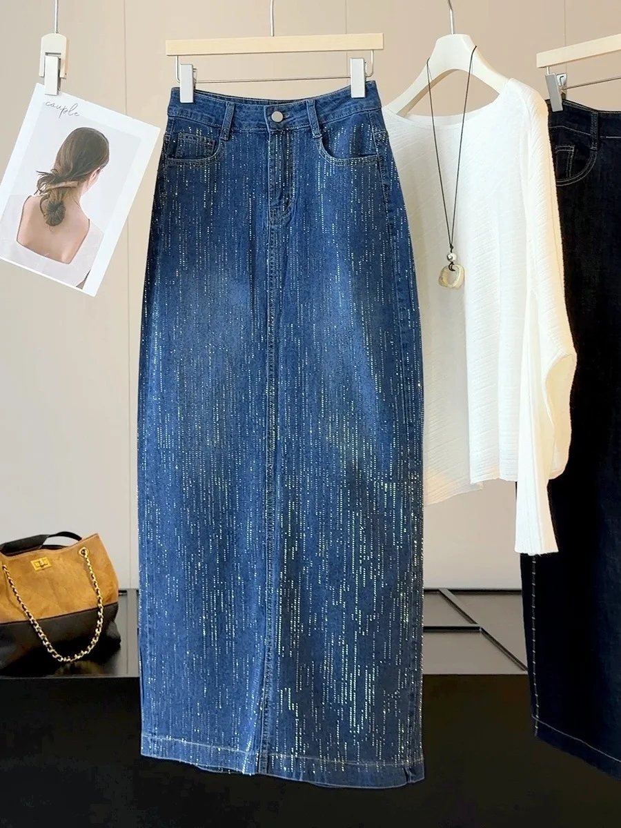 Heavy Duty Rhinestone Denim Asymmetrical Long Skirt Women's High Waist Slimming High Heeled Wrap around Skirt Autumn Fashion