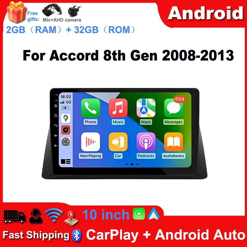 Car Radio for Accord 8th Gen 2008-2013,10 inch Android 13 Head Unit, Touch Screen Car Stereo, with Carplay/Android Auto GPS Navigation Bluetooth WiFi FM HD Backup Camera