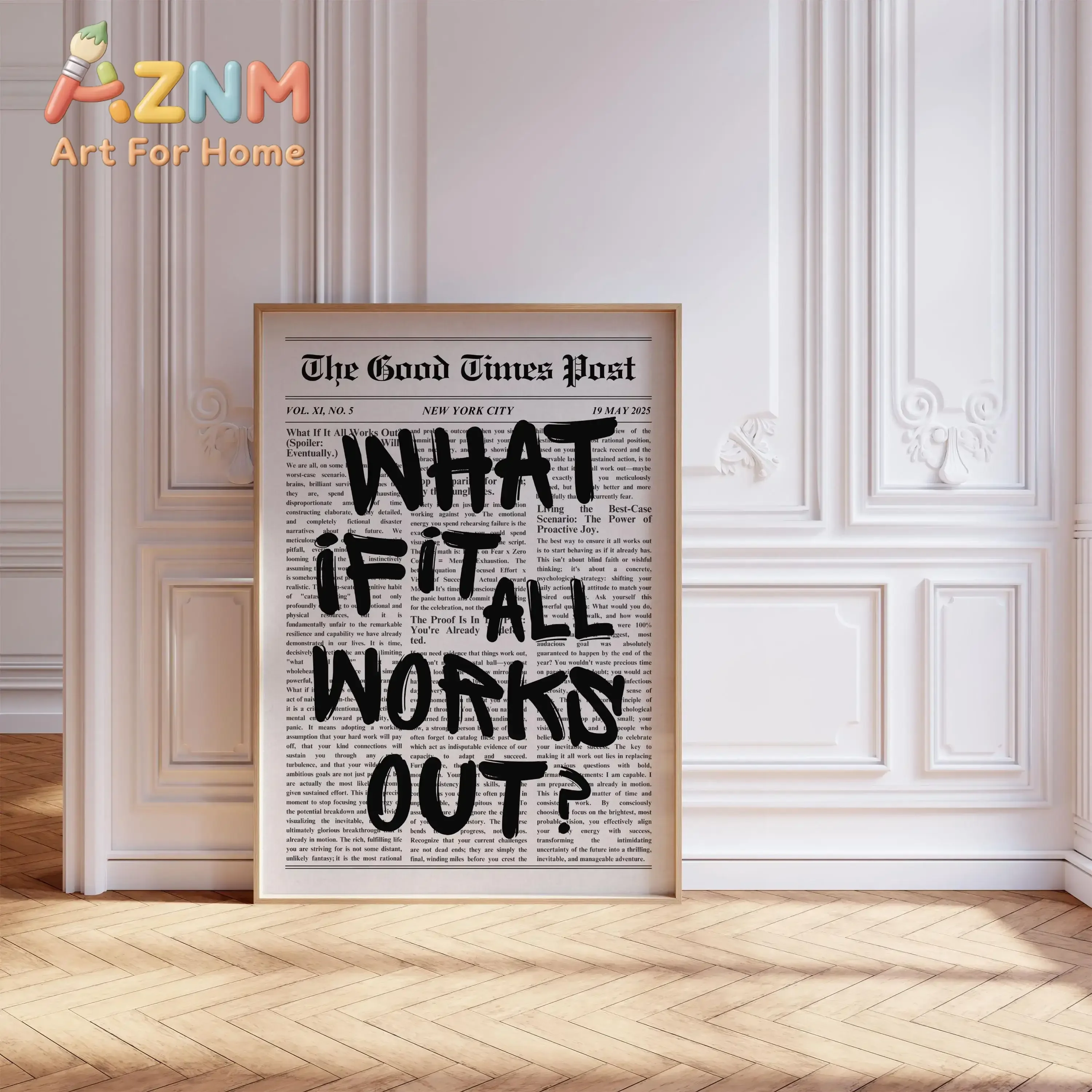 AZNM Retro Newspaper Canvas Wall Art Blue Checkerboard Positive Affirmation Quote Typography Art Print Unframed Canvas Poster fo