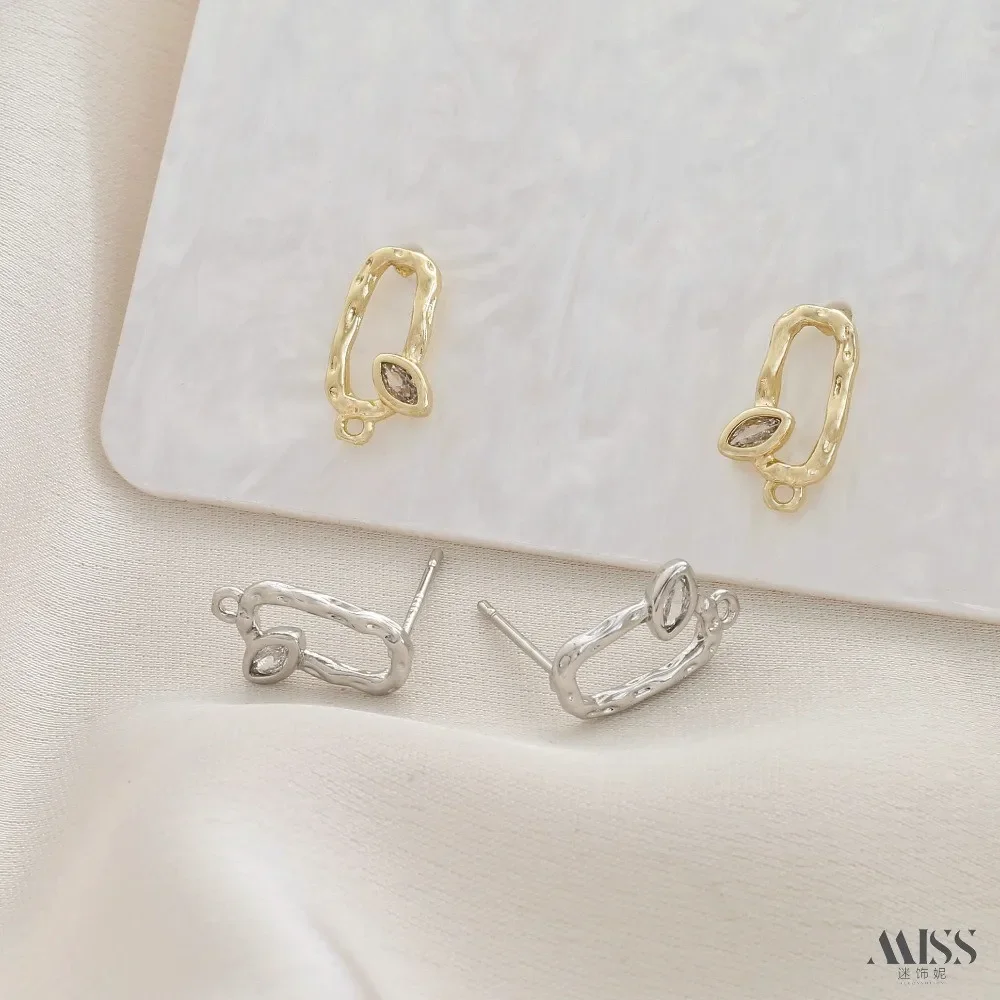14K Gold Rectangular Oval Inlaid Horse Eye Zircon S925 Silver Needle Stud Earrings DIY Handmade Earrings Accessories Material