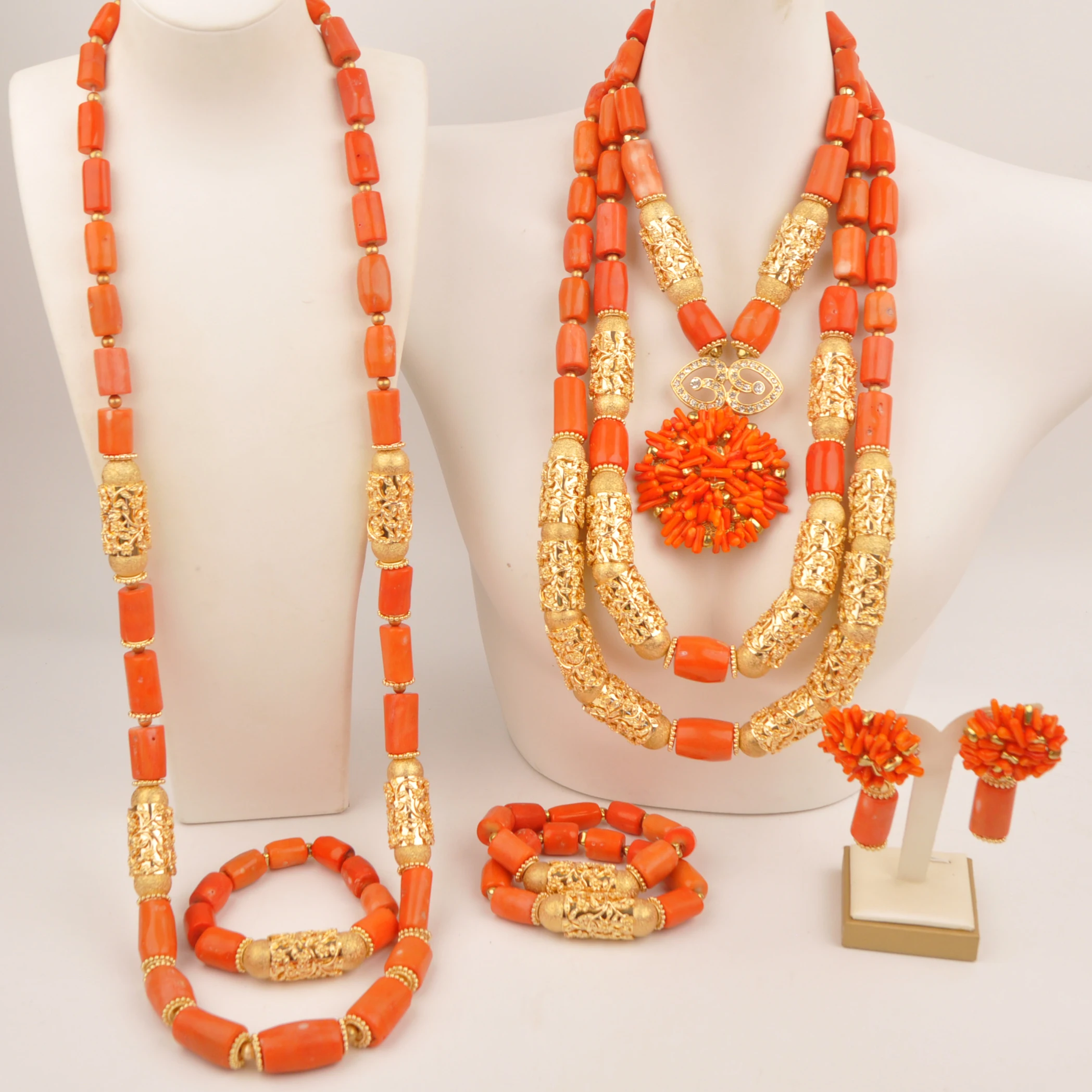 Nigerian Traditional Wedding Couple Jewelry Original Orange Coral Beads Jewelry Sets