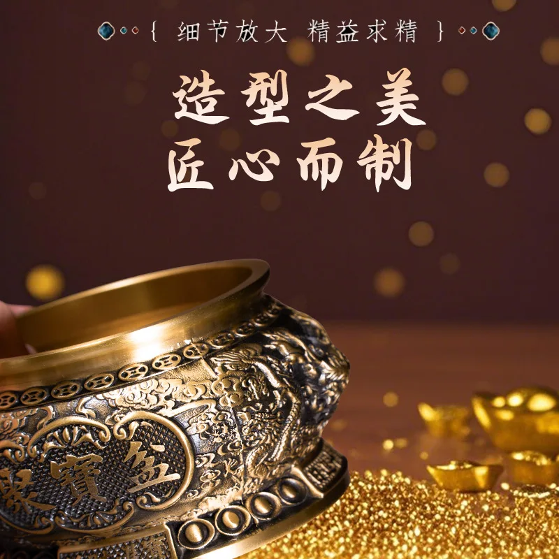 All-brass lidded treasure basin dragon pattern coin treasure basin foyer gift copper basin ornament