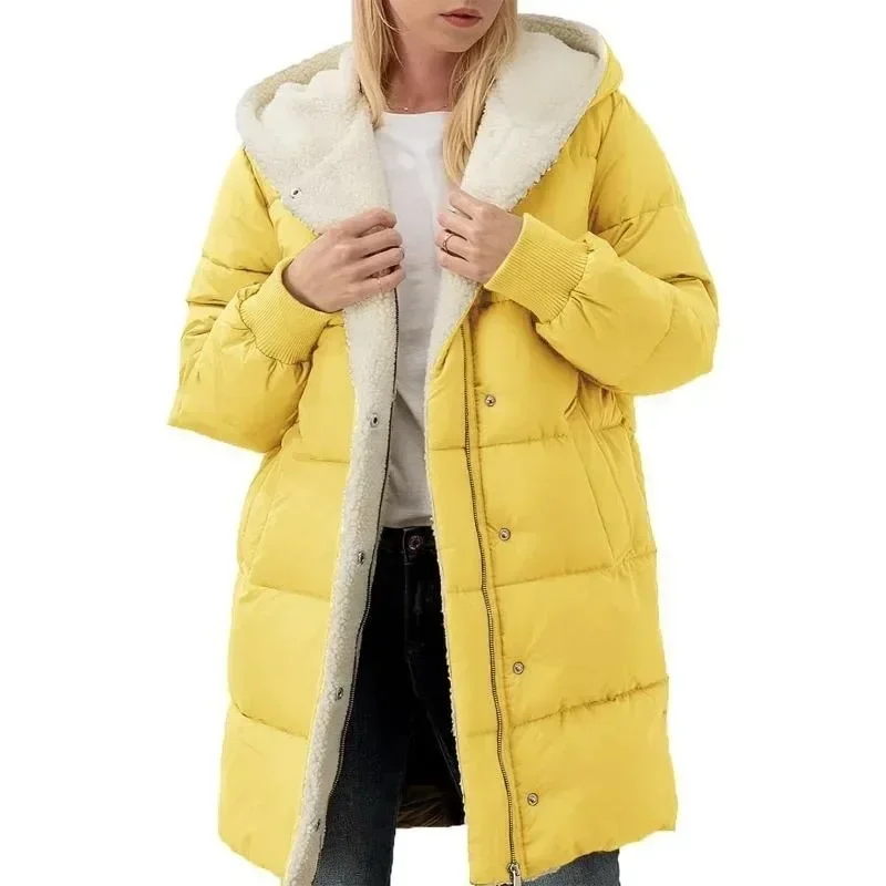 Jaquetas de manga comprida acolchoadas de algodão dupla face veludo velo parkas casacos de inverno femininos com capuz fino ajuste cardigan jaqueta