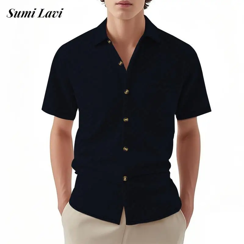 

New Casual Crochet Textured Mens Shirts Short Sleeve Turn-down Collar Buttoned Shirt For Men Summer Fashion Solid Color Shirts