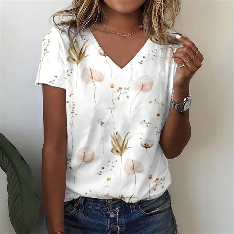 Summer Women T-Shirts 3D Butterfly Floral Print Short Sleeve V Neck Tee Large Size Women Girls Clothing Y3k T-Shirt Streetwear