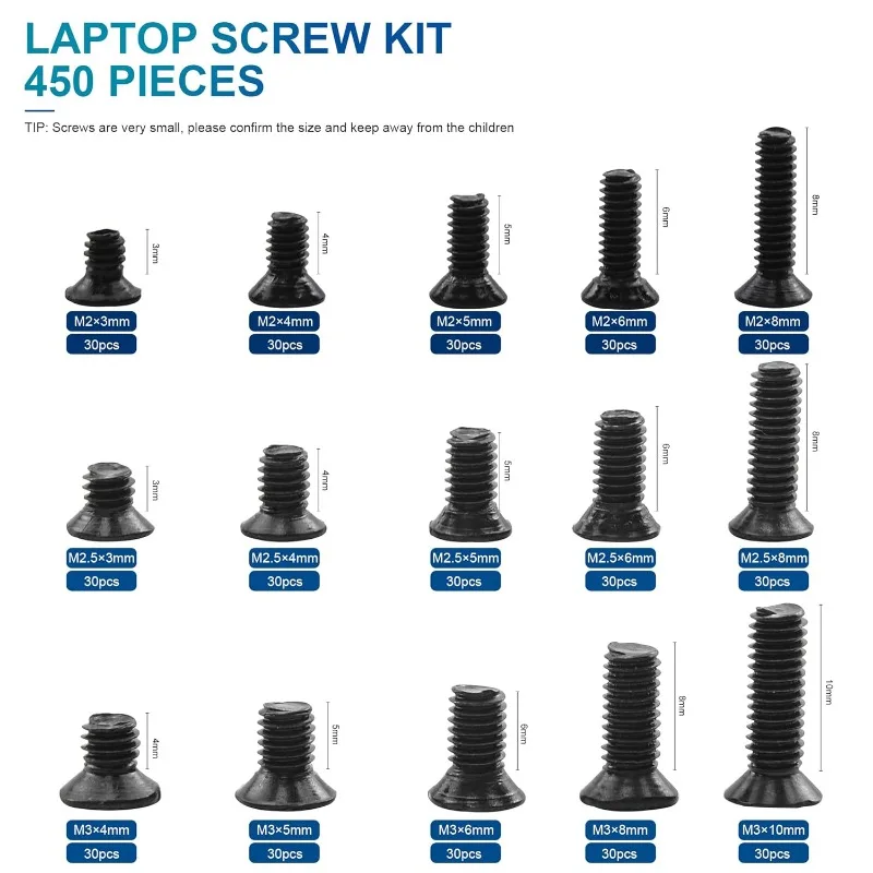 450Pcs Countersunk Flat Head Phillips Mini Black Cross KM  Screws Laptop Computer Screw Accessories Kit M2 M2.5 M3