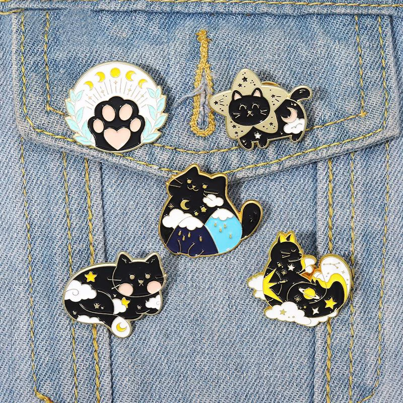 

Moon Phase Paws Pines Lapel Badges Animal Jewelry Gift for Kids Friends Starry Cats Enamel Brooch Custom Black Kitten Star