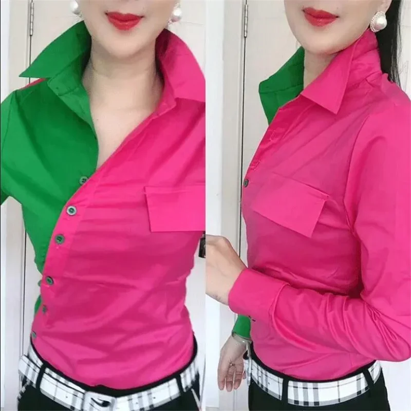 

Oblique Placket Chic Color Matching Blouses Women Shirt Lapel long sleeve Patchwork Color Contrast Streetwear Female Blusa Shirt