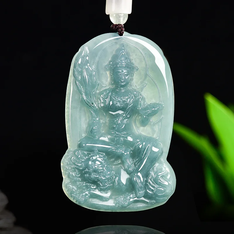

Authentic Natural A-Grade Jade Blue Water Manjusri Bodhisattva Zodiac Rabbit Guardian Deity Pendant Men's Charms Women's Jewelry