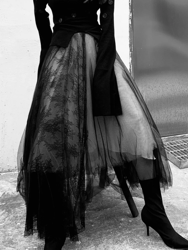 

Harajuku Punk Style Skirts Women High Waist Gauze Patchwork Skirt Flower Irregular Grunge Streetwear Mid-length A-line Faldas