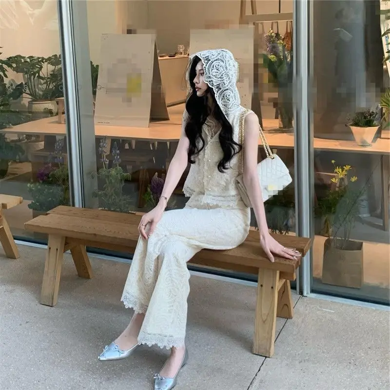 

2026 Summer New Style Lace Hollow Out Versatile Vest+straight Leg Pants Two-piece Set For Women's Fashion