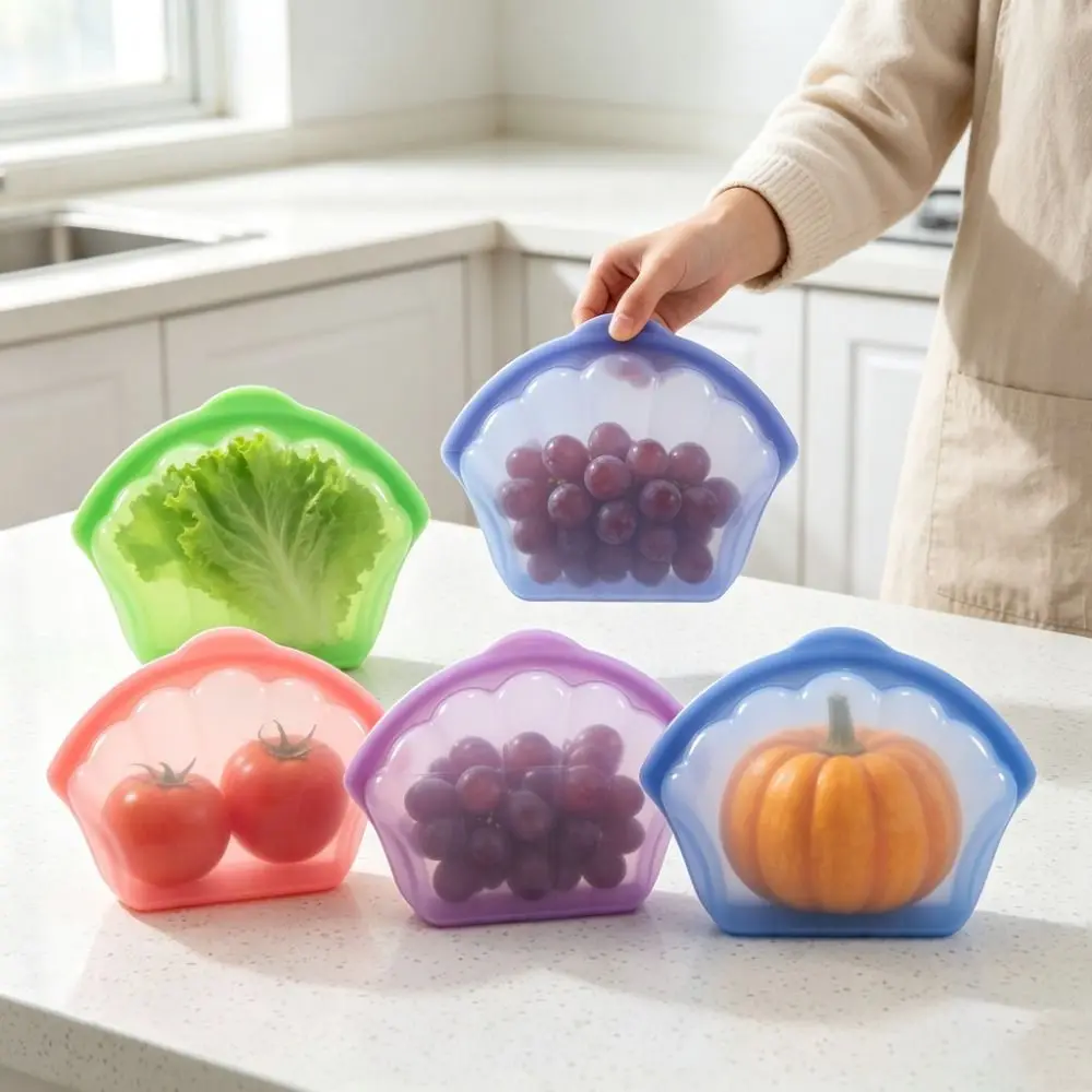 Shell Shape Silicone Food Storage Bag Self Sealing Sealed Food Packaging Bag Leak-Proof High-Temperature Freezer Bag