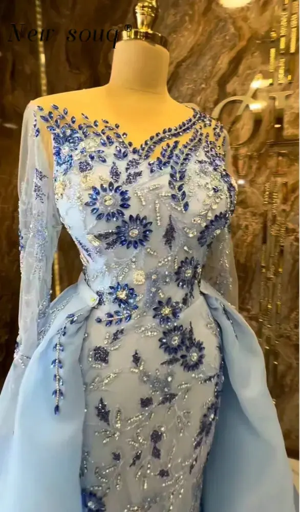 Dubai Two Pieces Light Blue Evening Dresses Customized Arabic Crystals Sparkly Formal Overskirt Wedding Party Gowns for Women