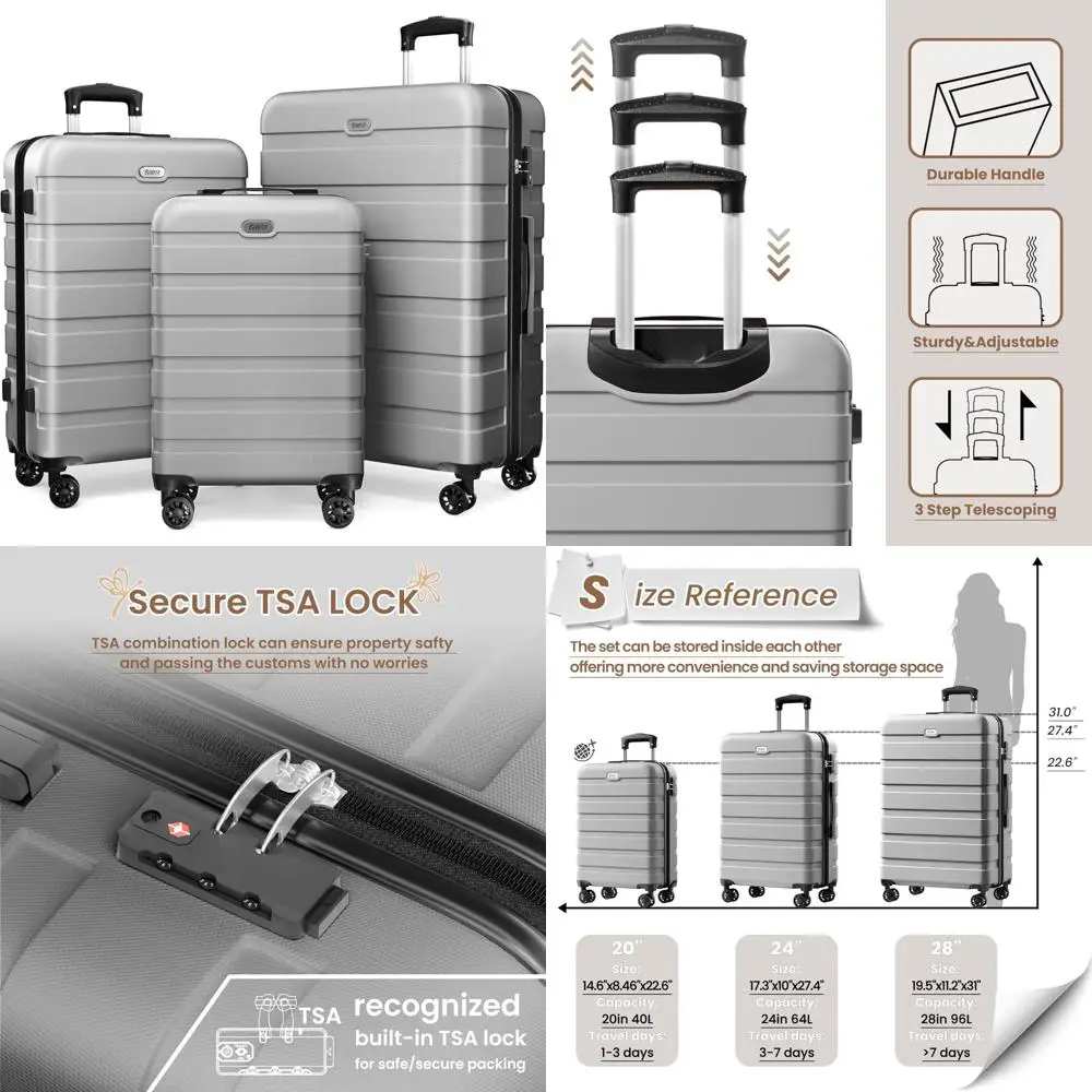 

Lightweight ABS Hardshell 3-Piece Suitcase Set with 4 Spinner Wheels, TSA Lock, Travel Luggage for 20