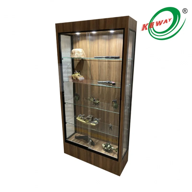 Custom. wood grain LED light glass display cabinet store display showcase