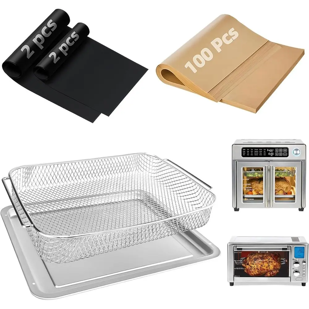

Корзина и противни для аэрофритюрницы 26 Qt Extra Large & Everyday 360, а также для духовки, с 100 шт. одноразовой пергаментной бумаги и 4 шт. многоразовых ковриков.