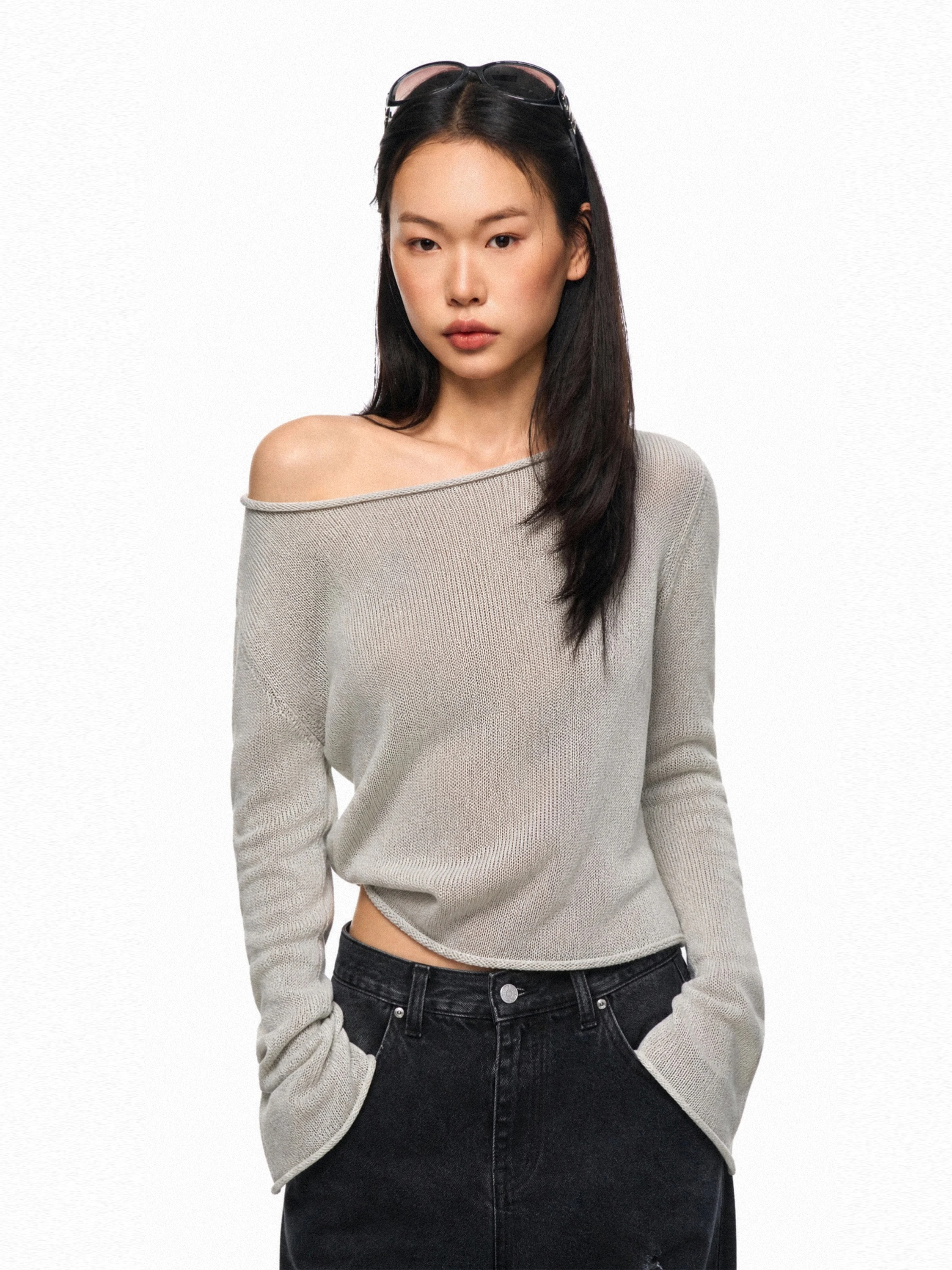 Gogo Burn American Pure Color Shoulder Angle Thin Long Sleeve T-Shirt Women's Loose Loose Pure Desire Style Top