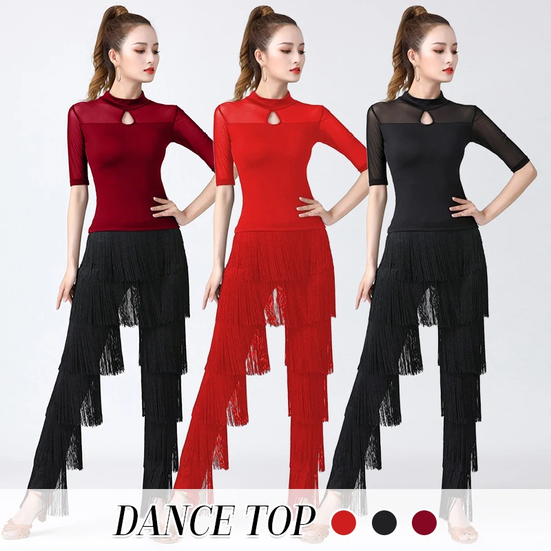 New Latin Dance Mesh Tops Women's Adult Modern Dance Tops Professional Modern Dance National Standard Dance Training Shirt