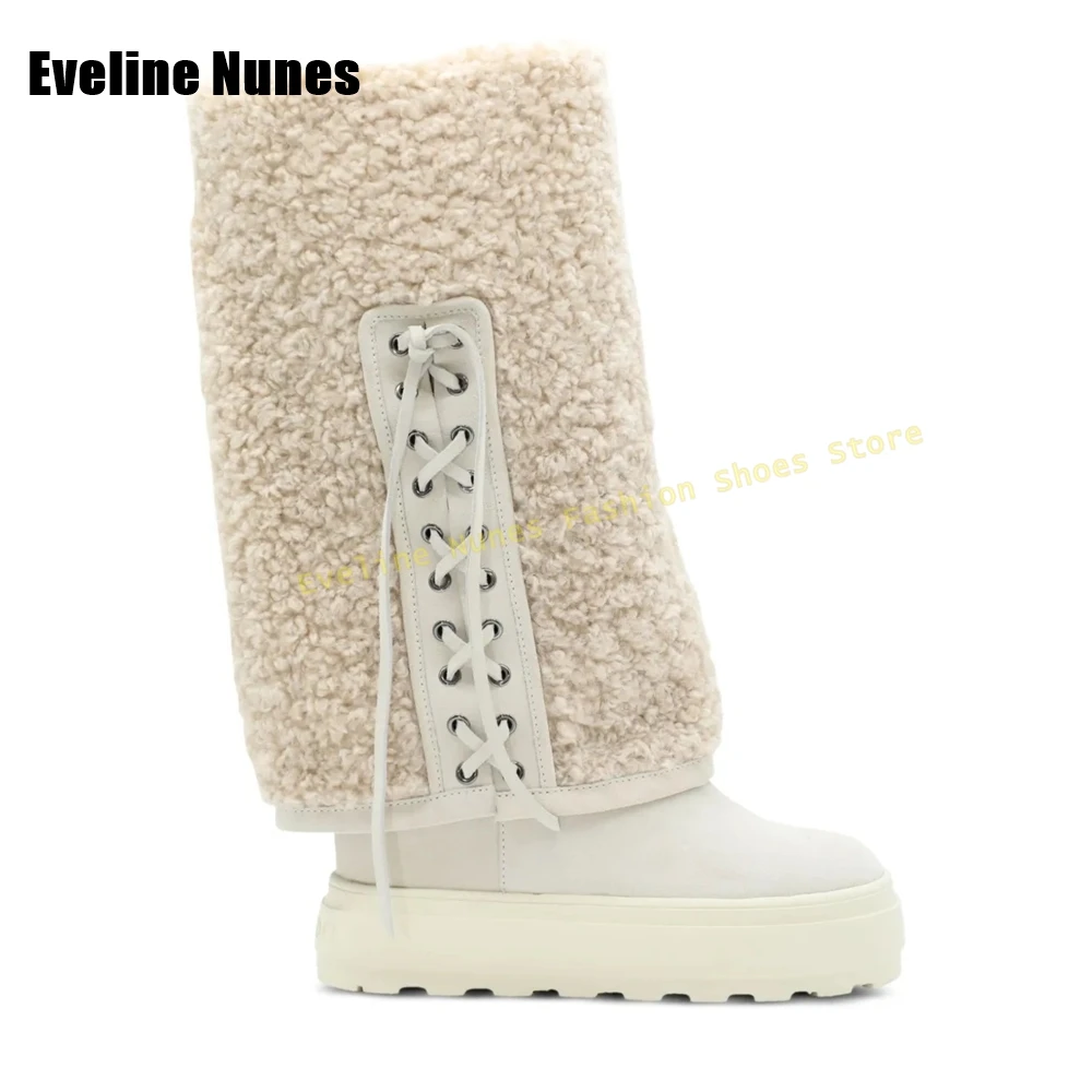 عبر تعادل الفراء كم الأحذية جولة تو حذاء بكعب سميك منصة سحب على المرقعة النساء الشتاء حذاء برقبة للركبة الثلوج موضة أحدث #5
