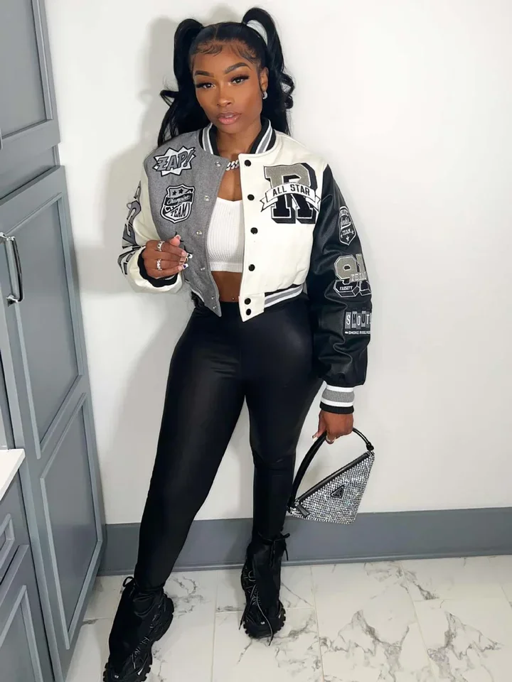 

Университетская женская осенне-зимняя лоскутная одежда с длинными рукавами и пуговицами с принтом, уличная одежда, гоночный бомбер, топ Y2k