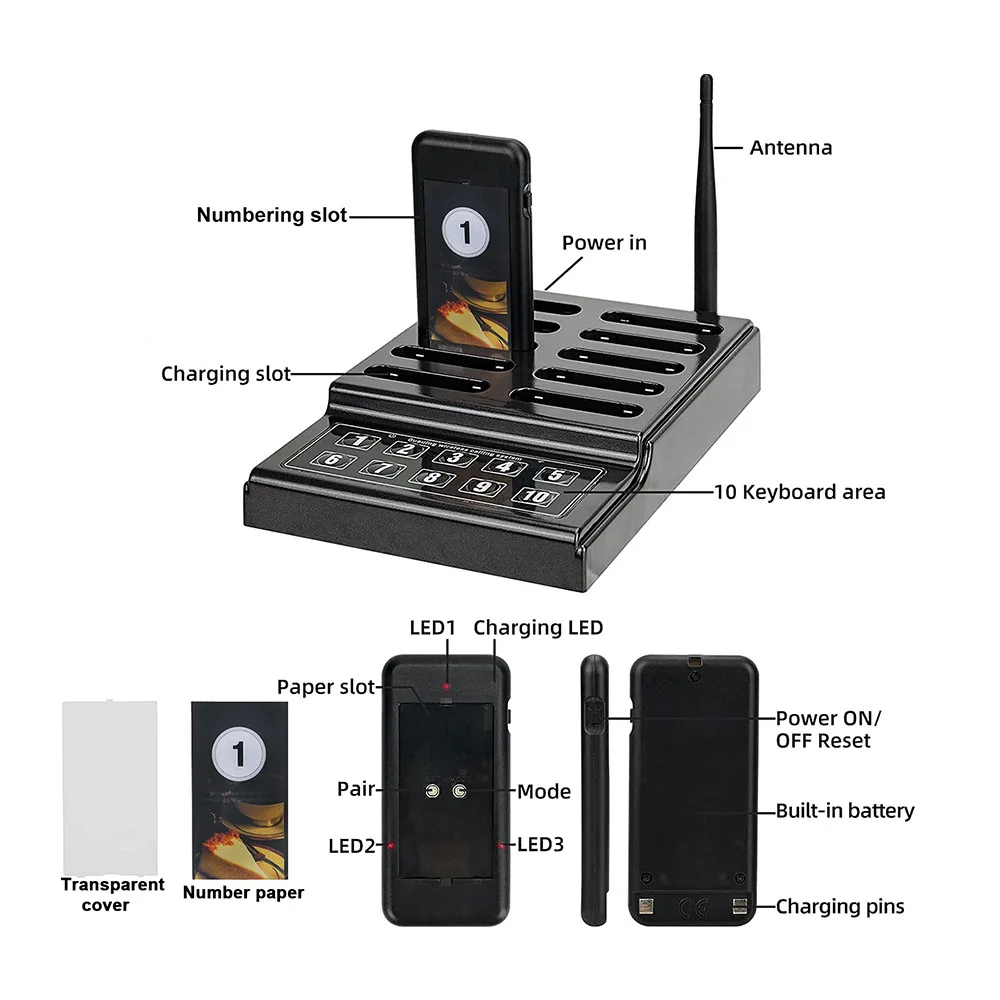 68G-10 Wireless Paging System, Vibrating Food Pickup Caller for Restaurant & Cafe Queue