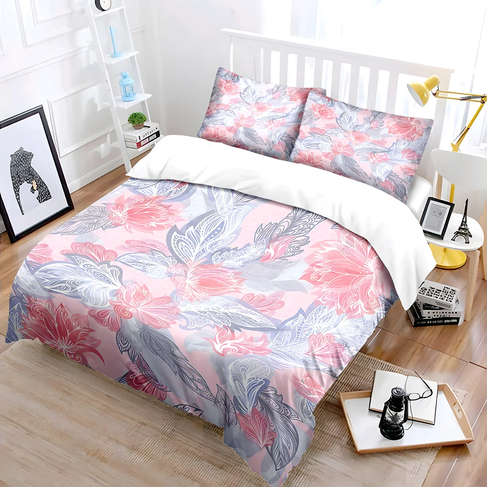 Colorful floral feather dreamy pattern Bedding Set 1 Duvet Cover 2 Pillowcases for Adult and Children Luxury Gift Full Size