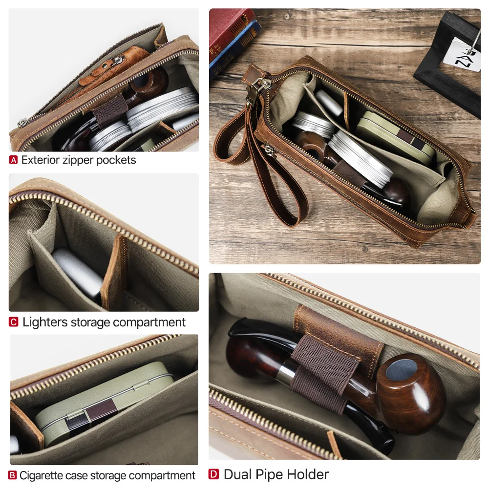 Genuine Leather Functional Pipe Bag Tobacco Pipe Smoking Stash Bag Herb Tobacco Pouch Clutch Bag Case Smoking Accessories