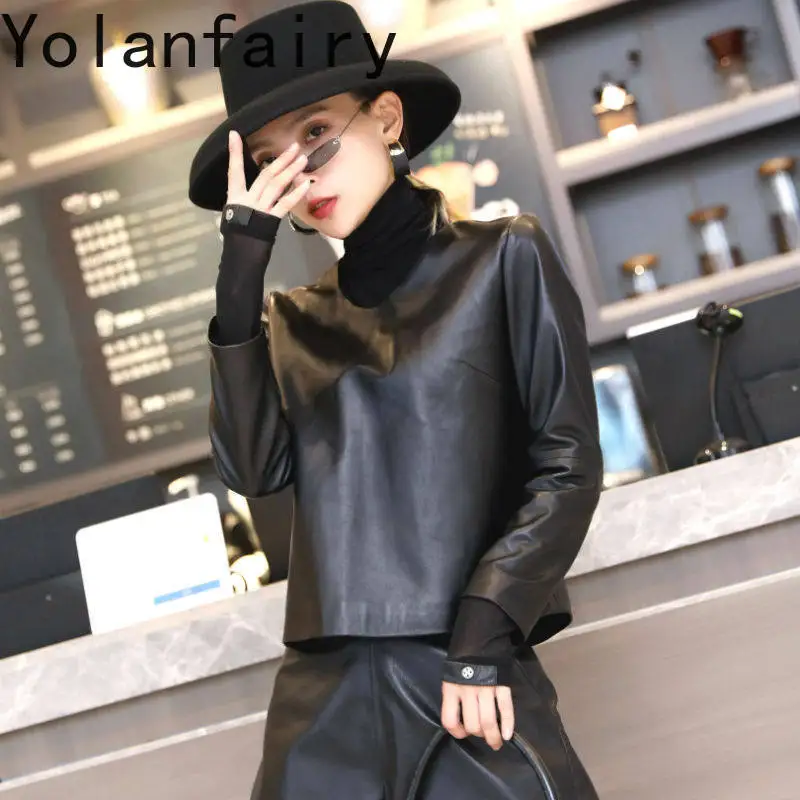 YOLANFAIRY Women Sheepskin Real Leather Jacket Autumn Winter V Neck Slim Short Coat Genuine Leather Versatile Black Top Outwear