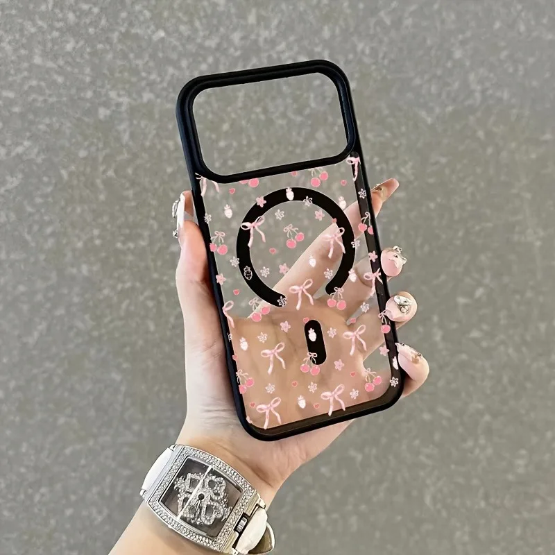 For iPhone 17 Pro Max 16 15 14 13 12 11 Case Cartoon Pink Cherry Small Bow Magnetic Cover For iPhone Air 17E 16E 16 Plus Fundas - view 3