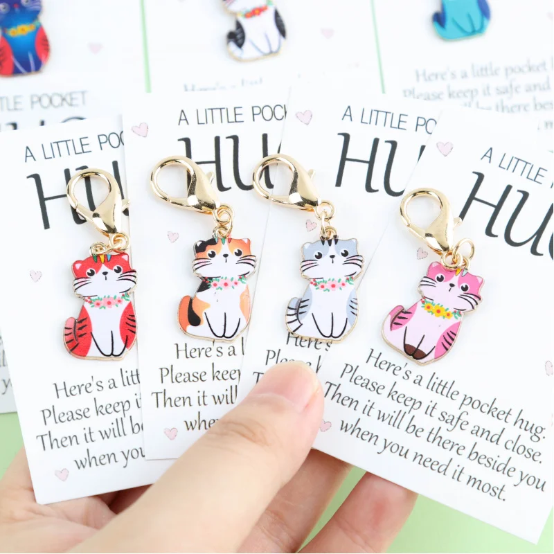 9Set “A small pocket hug”Inspirational greeting card With a cute cat keychain Pendant Set Can be used to decorate bags and acces