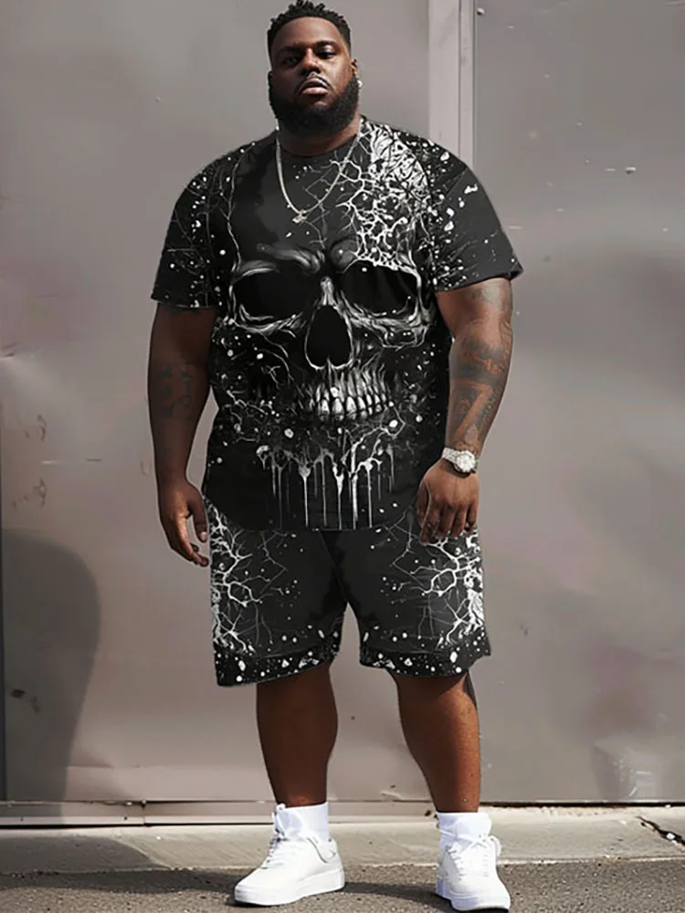 Biggmans Skull Ghost Black Print Halloween Outfit Men Streetwear Casual Top Loose Shorts Suit Male Plus Size L-9XL Two Piece Set