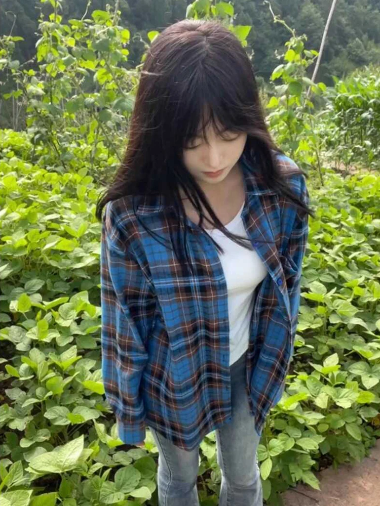 Retro spring autumn blue checkered shirt jacket women's checkered design niche long sleeved top trendy retro shirt