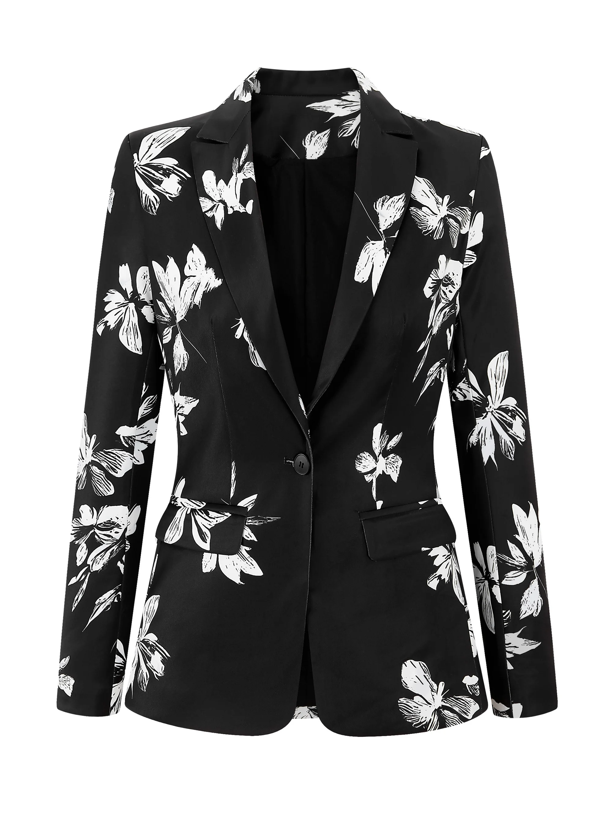 Elegant Floral Print Long Sleeve Blazer for Women - Chic V-Neck Jacket with Pockets, Stylish Outerwear