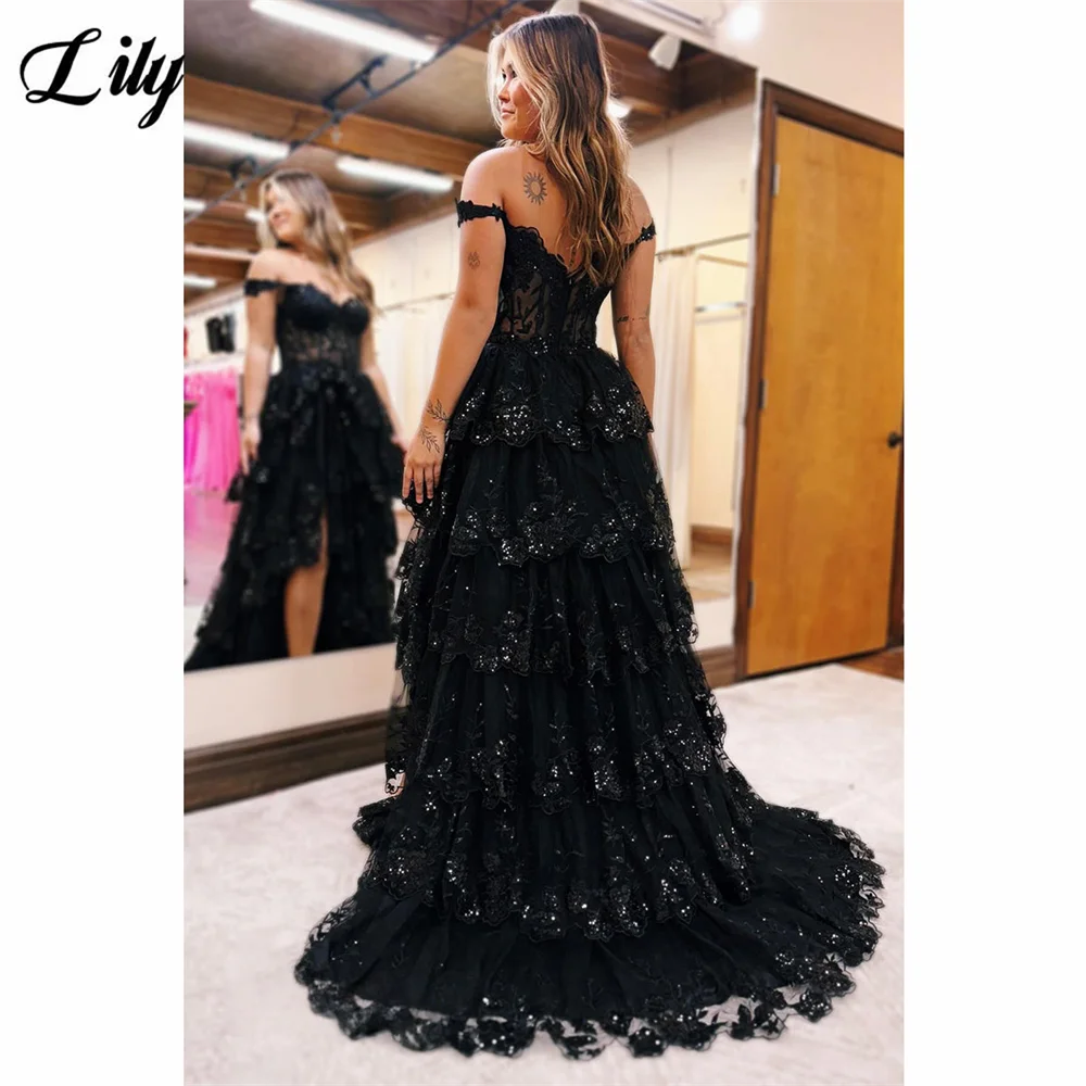 Lily-vestido Formal elegante negro, apliques de tul con hombros descubiertos, vestidos de graduación con abertura lateral alta, vestidos en capas para graduación personalizados