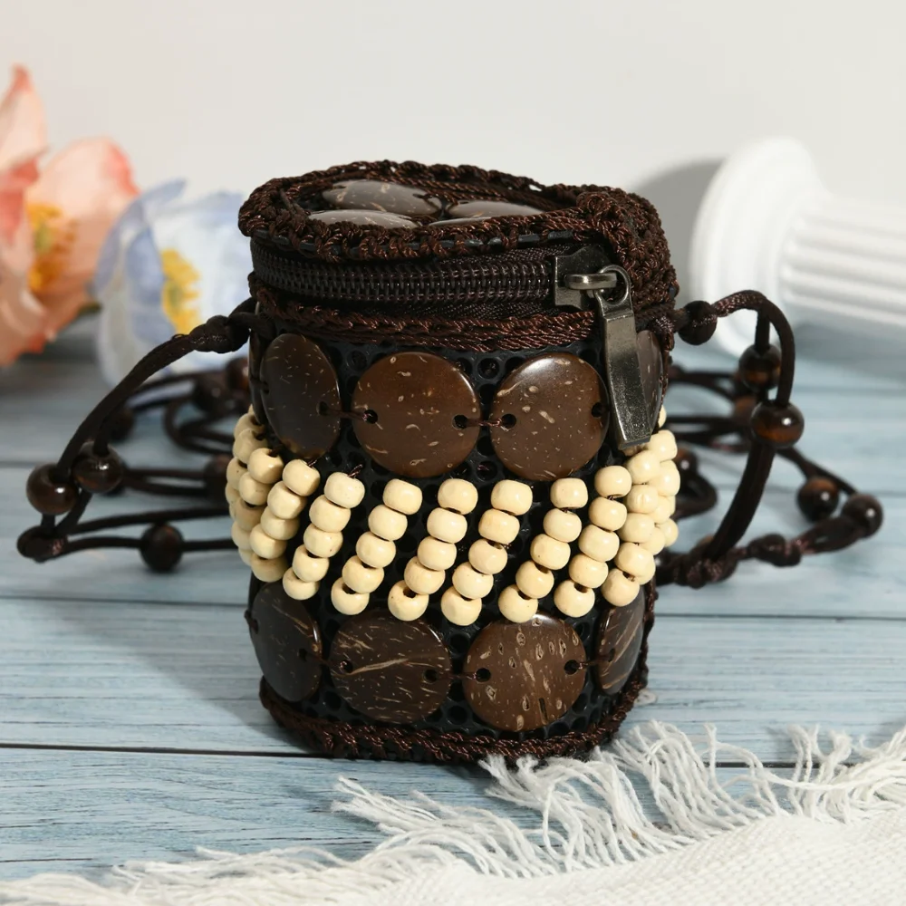 

Cloth Ethnic Style Crossbody Bag Retro Coconut Shell Handmade Weave Bag Large Capacity Vintage Bohemian Shoulder Bag Women