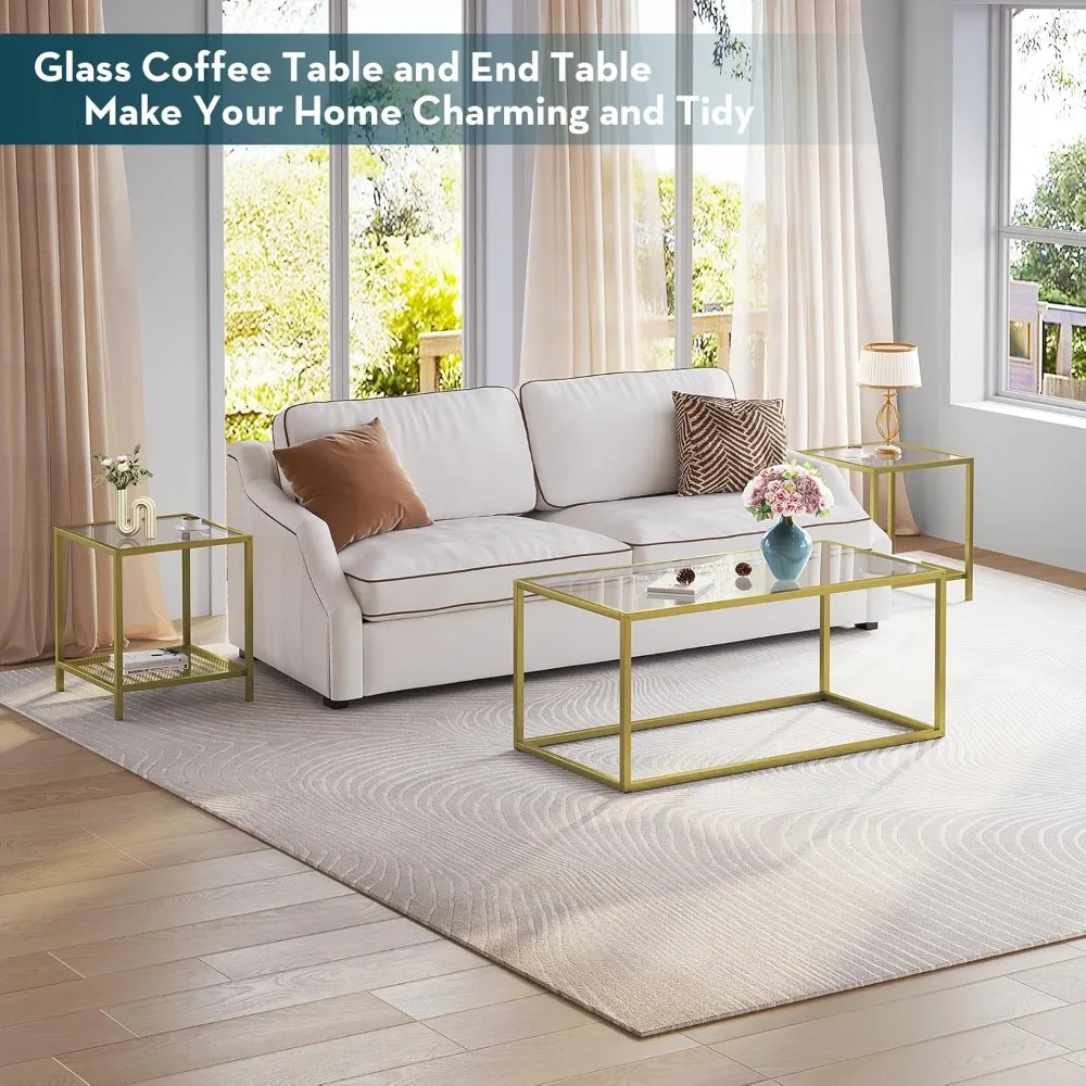 Gold Coffee Table Glass Coffee Tables Modern Rectangular Center Table Simple Minimalist Sofa Table for Living Room Home Office,