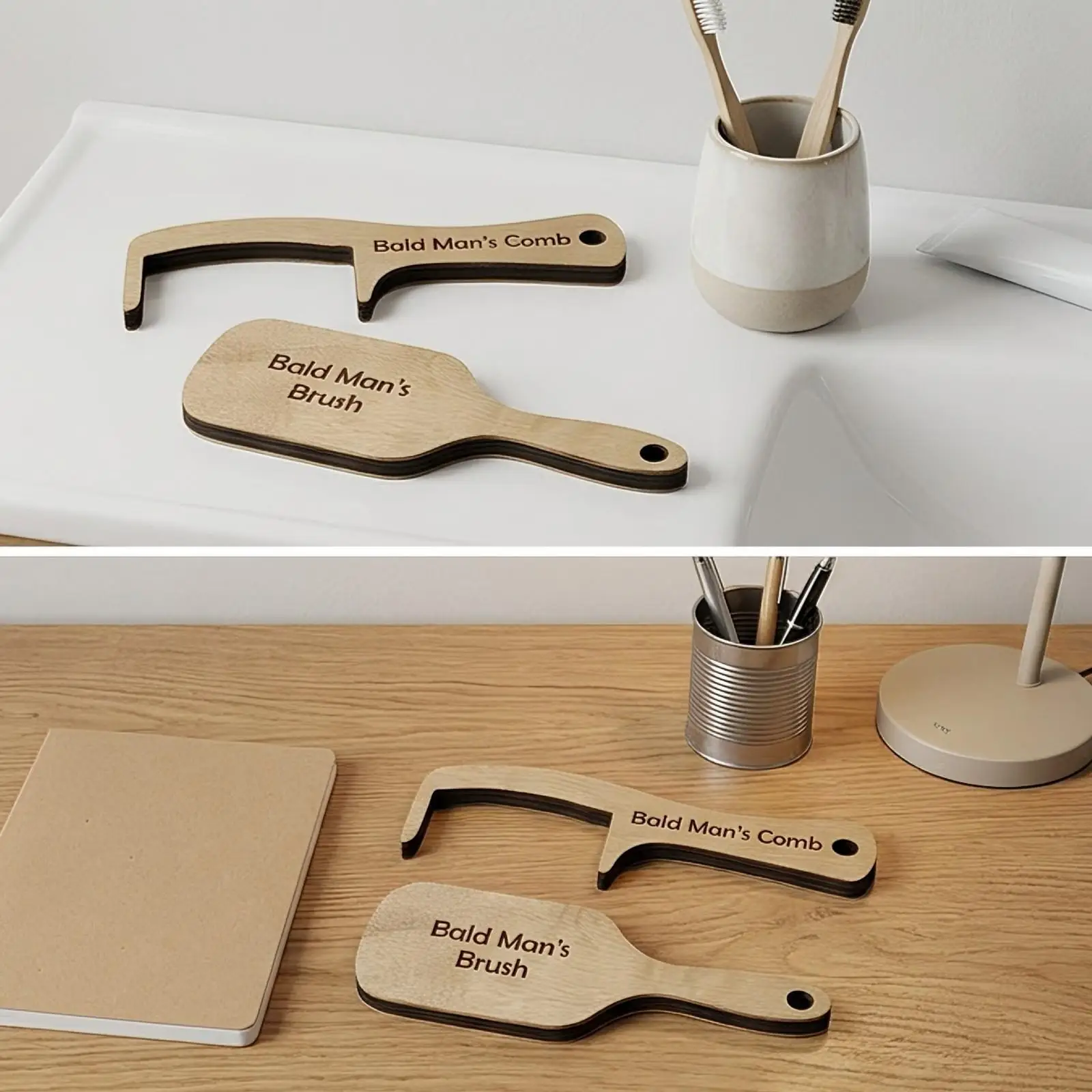Funny Novelty Comb Wooden Plaque Light Finish Humorous Hairless Decor for Office Desk Shelf Gift