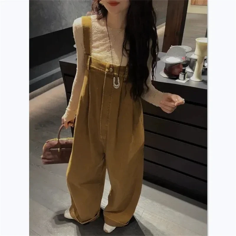 Women's Casual Retro Loose Wide Leg Suspender Jumpsuits Pants Fashion Overalls Female Streetwear Rompers Straight Denim Trouser